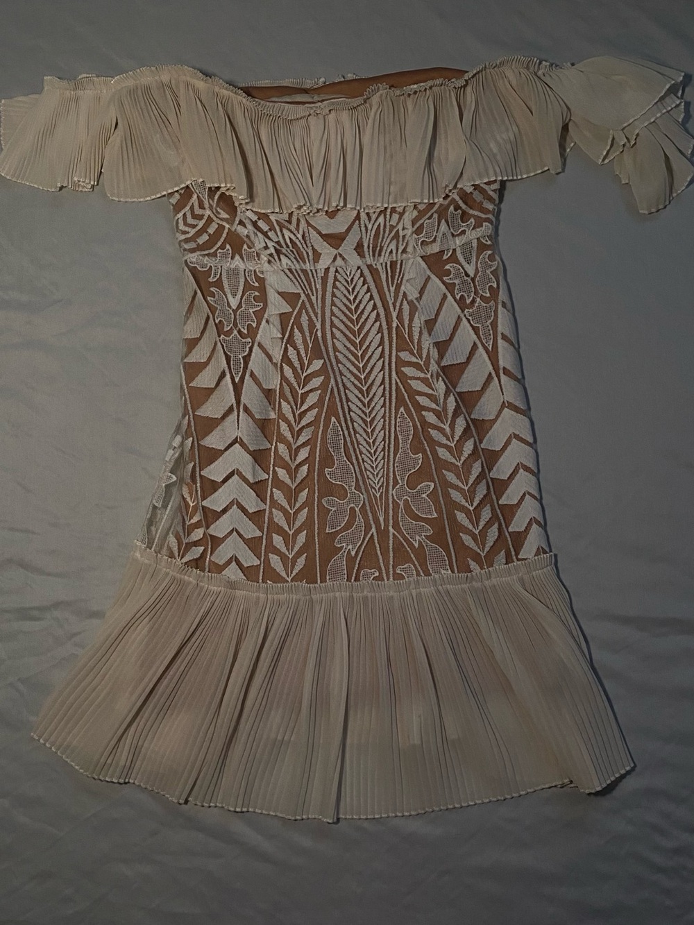 Off-Shoulder Cream Lace & Pleated Mini Dress